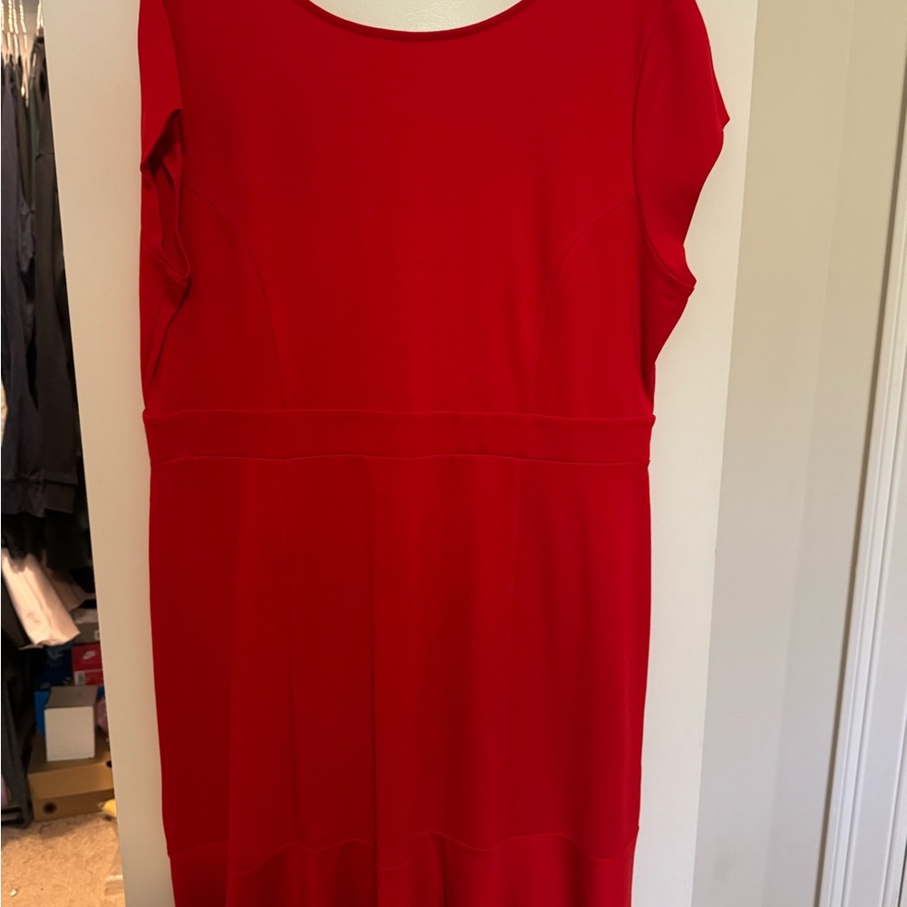 LOFT Red Sheath Midi Dress with Ruffle Hem